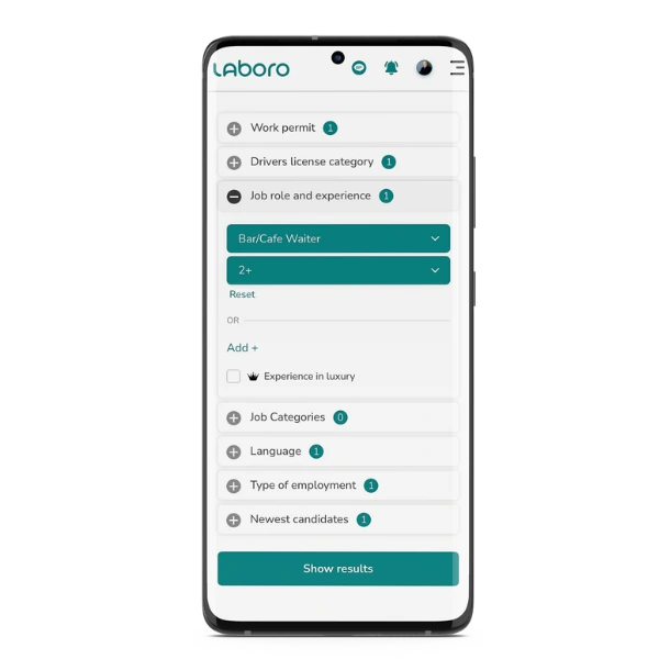 Advanced search filters on Laboro app
